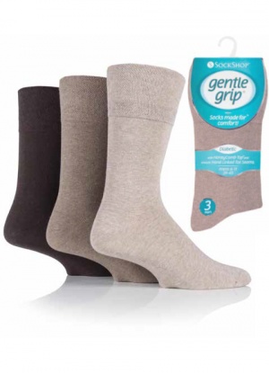 Mens 3 Pack Gentle Grip Diabetic Socks Brown Shades